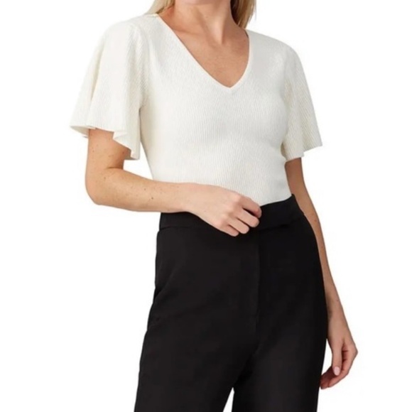 Milly V-Neck Rib-Knit Top White Flutter Sleeve Top  Size M White - Picture 1 of 4